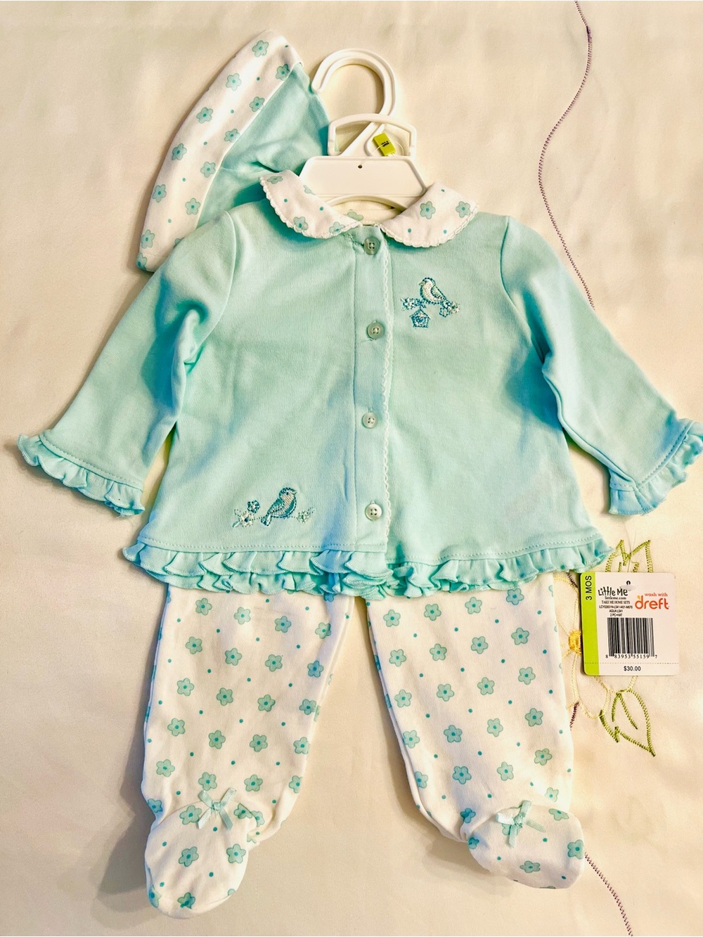 Little Me Mint Floral 3-Piece Pajama Set with Hat